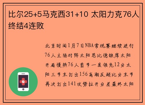 比尔25+5马克西31+10 太阳力克76人终结4连败